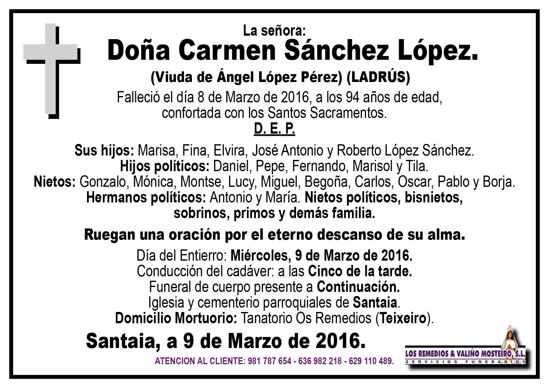 Esquela de Carmen Sánchez López.