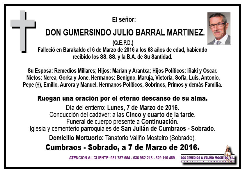 Esquela de Gumersindo Julio Barral Martínez.