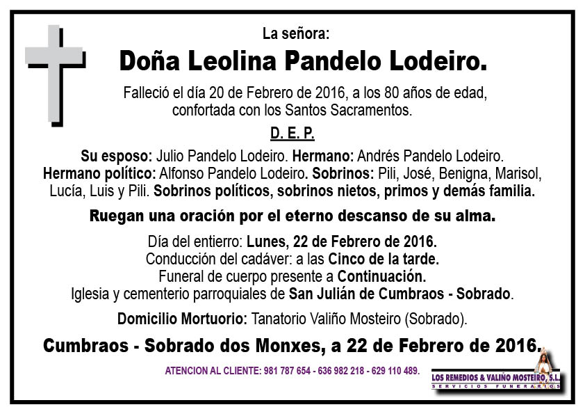 Esquela de Leolina Pandelo Lodeiro.