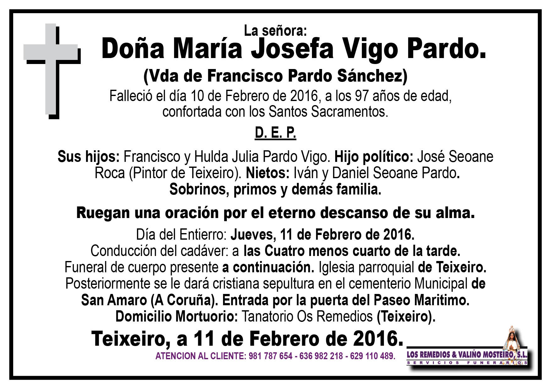 Esquela de María Josefa Vigo Pardo.