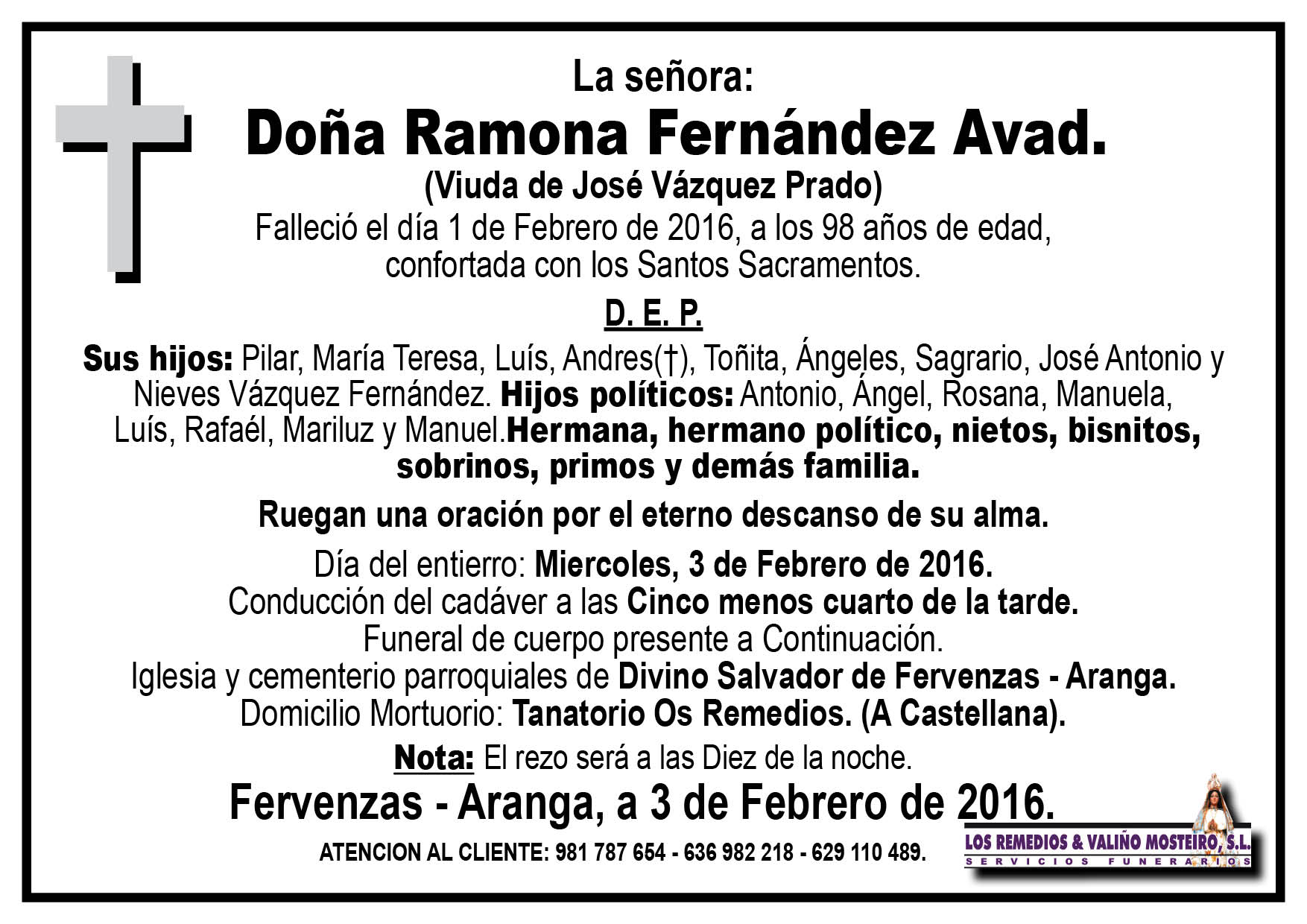 Esquela de Ramona Fernández Avad.