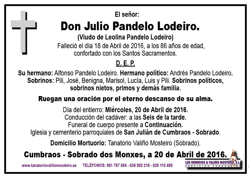 Esquela de Julio Pandelo Lodeiro.