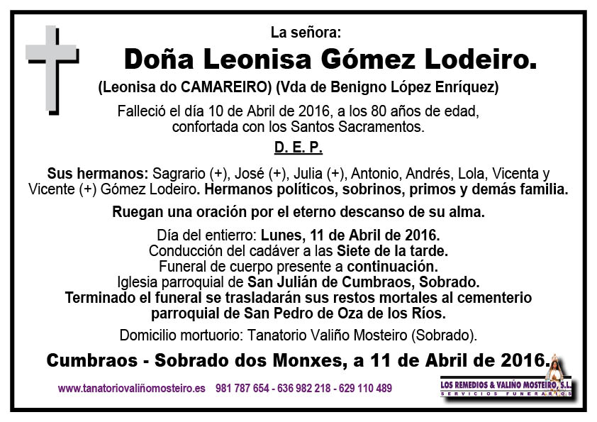 Esquela de Leonisa Gómez Lodeiro.