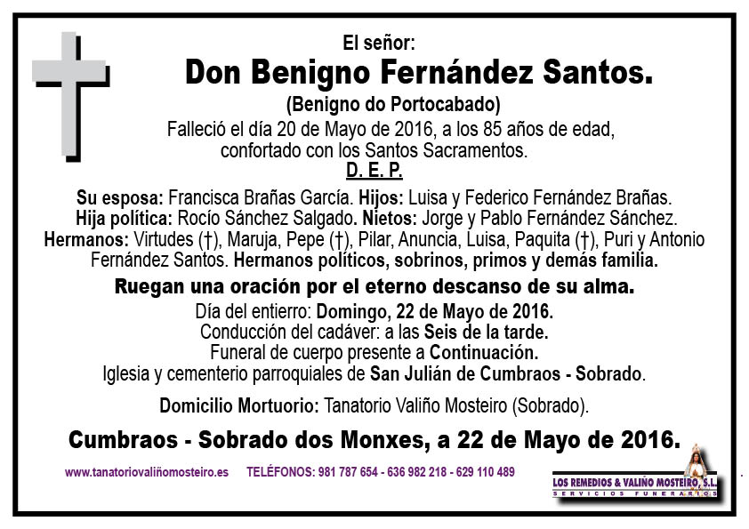 Esquela de Benigno Fernández Santos.