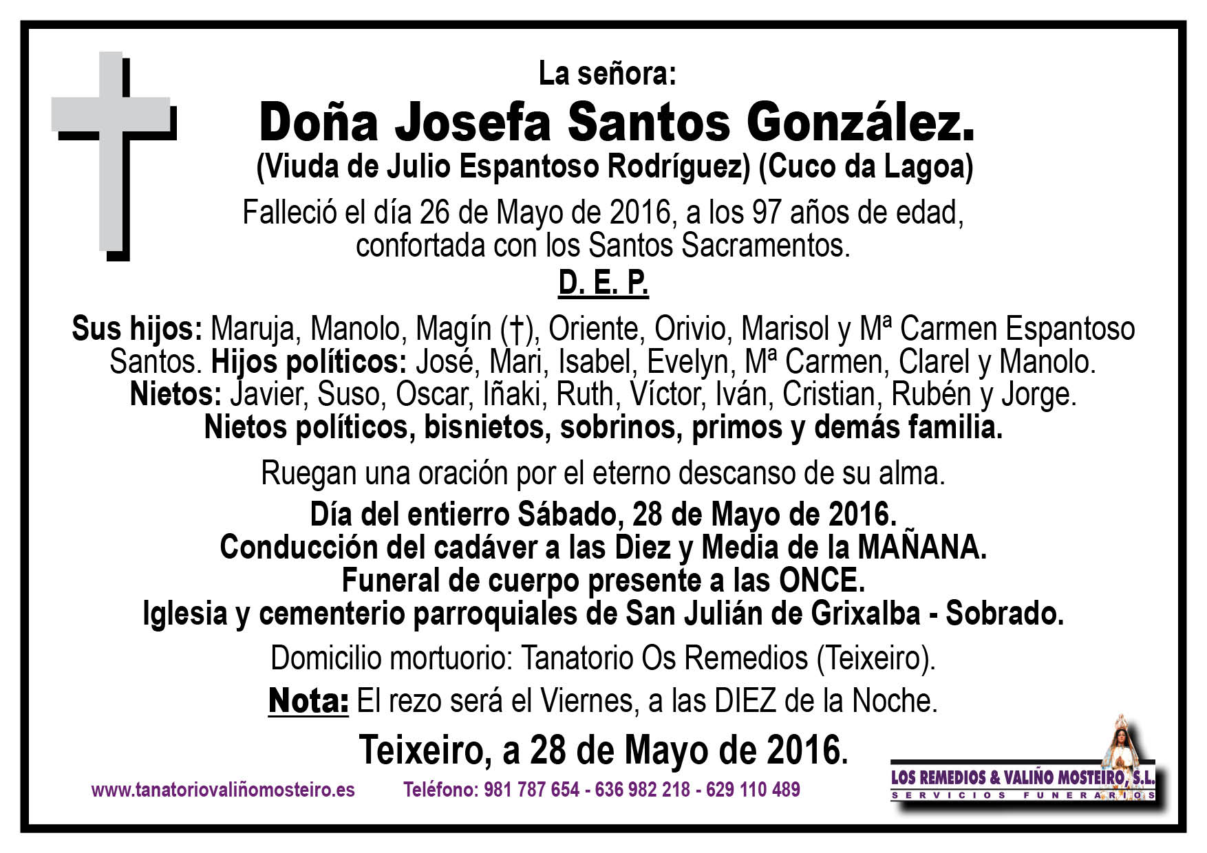 Esquela de Josefa Santos González.