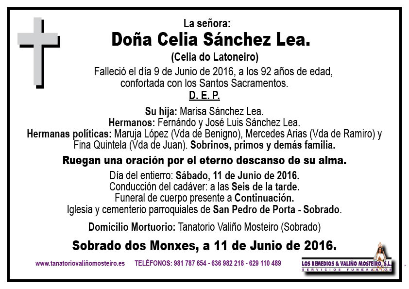 Esquela de Celia Sánchez Lea.