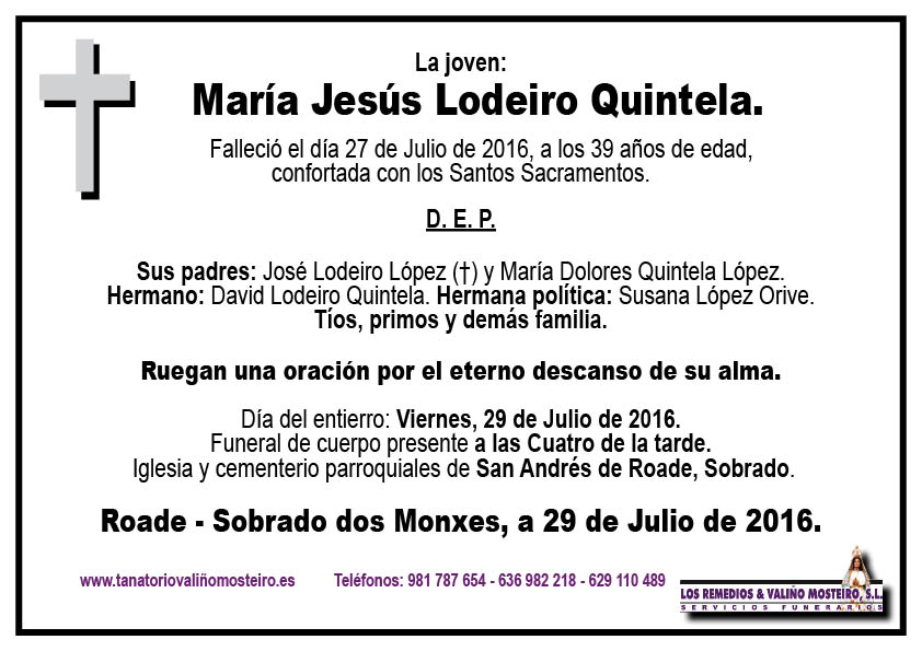 Esquela de María Jesús Lodeiro Quintela.