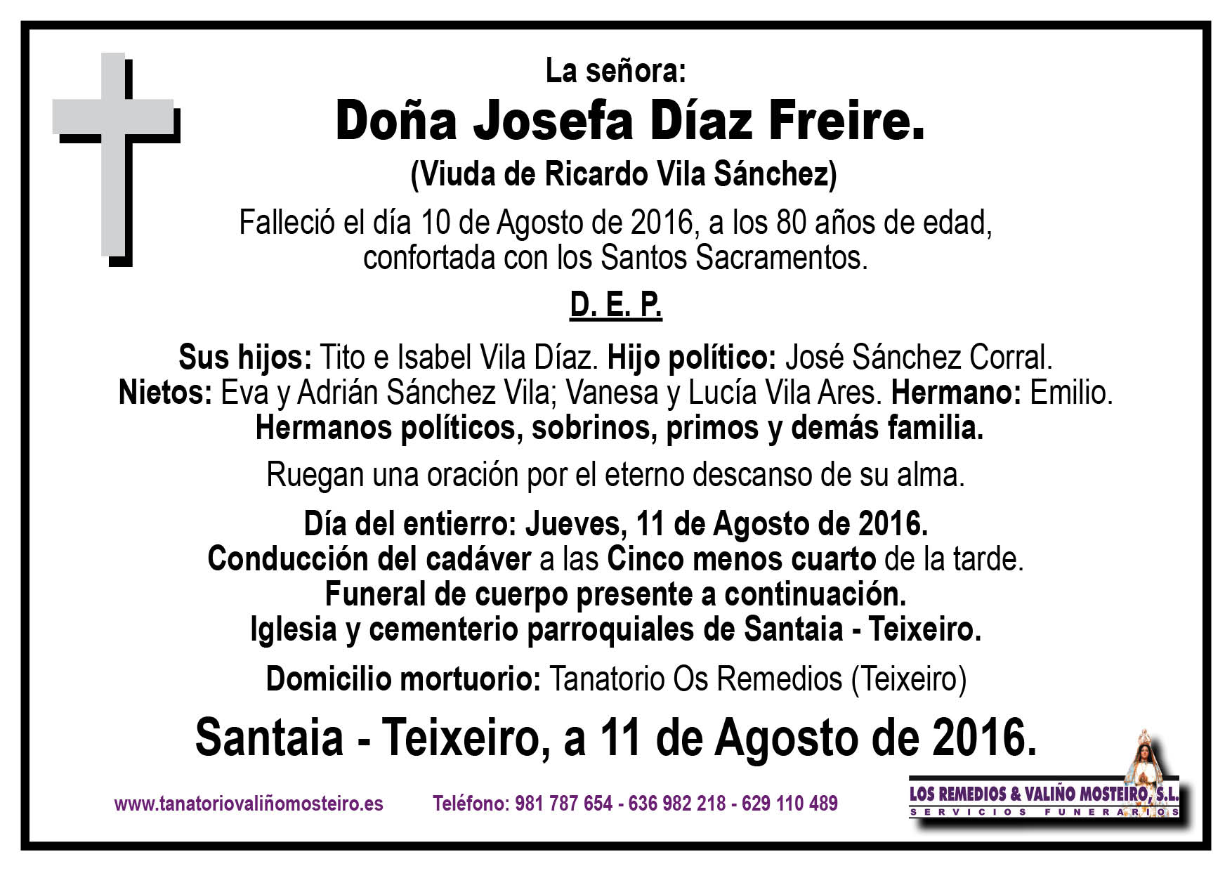 Esquela de Josefa Díaz Freire.