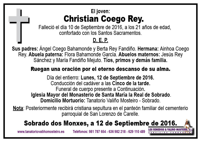 Esquela de Christian Coego Rey.