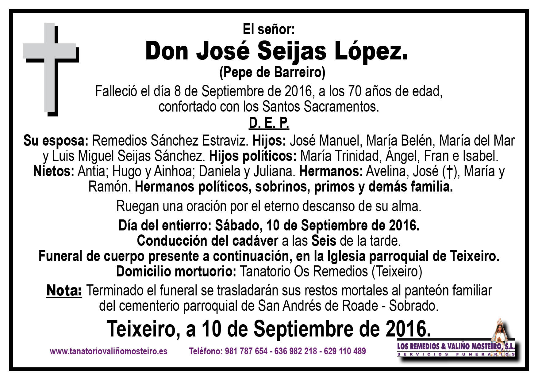 Esquela de José Seijas López.