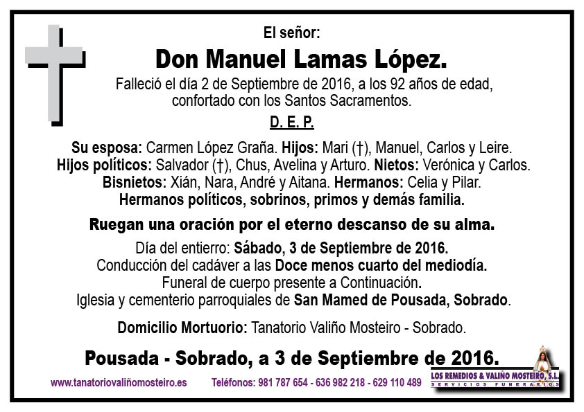 Esquela de Manuel Lamas López.