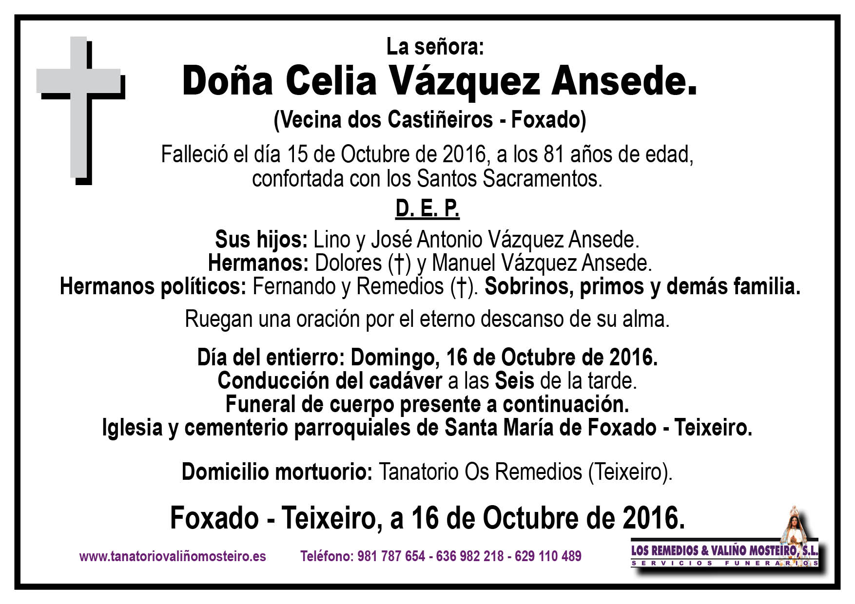 Esquela de Celia Vázquez Ansede.