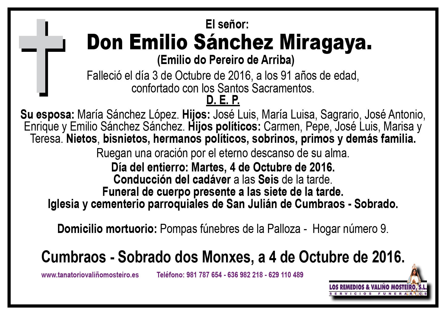 Esquela de Emilio Sánchez Miragaya.