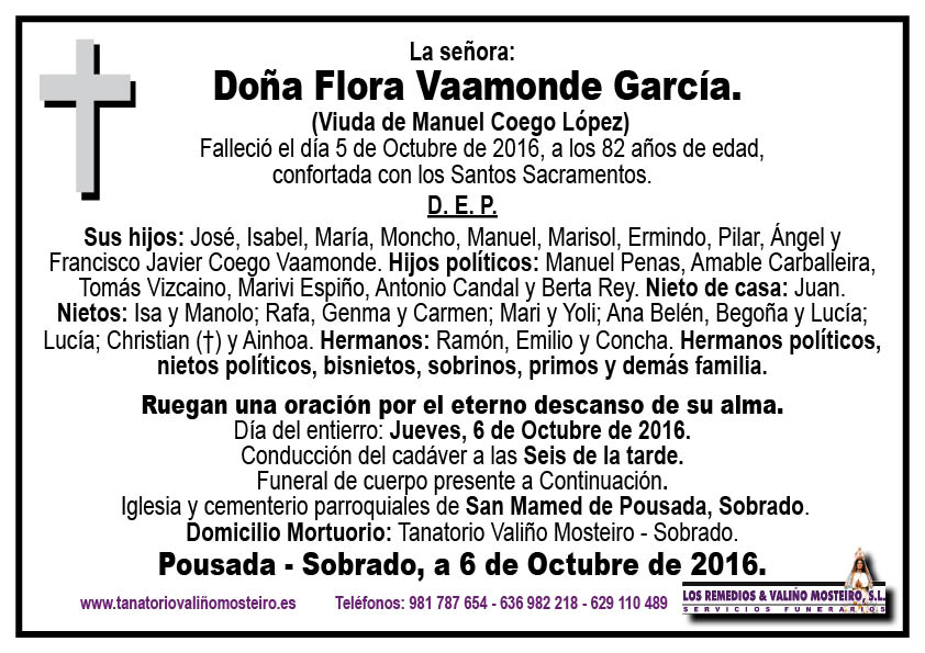 Esquela de Flora Vaamonde García.