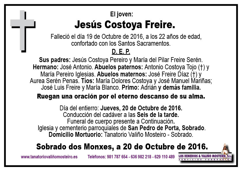 Esquela de Jesús Costoya Freire.