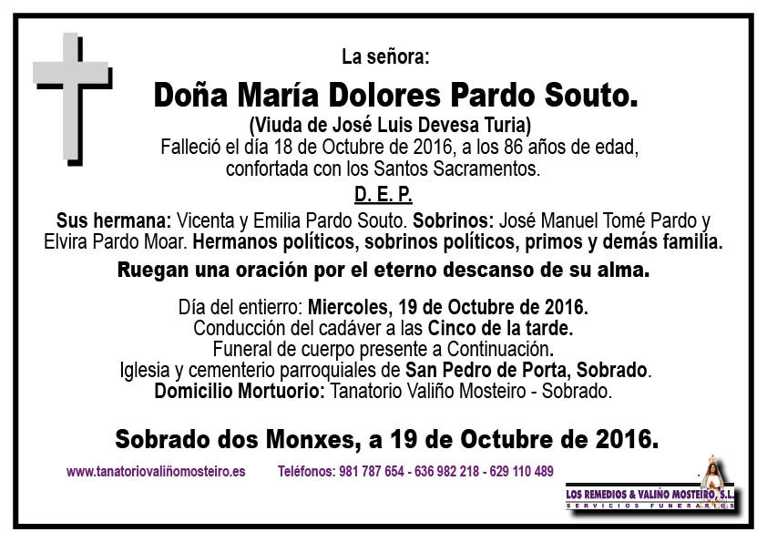 Esquela de María Dolores Pardo Souto.