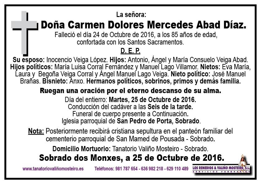 Esquela de Carmen Dolores Mercedes Abad Díaz.