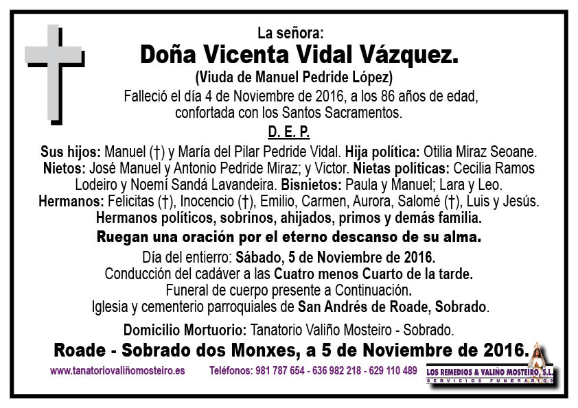 Esquela de Vicenta Vidal Vázquez.