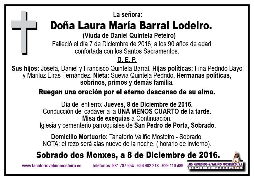 Esquela de Laura María Barral Lodeiro.