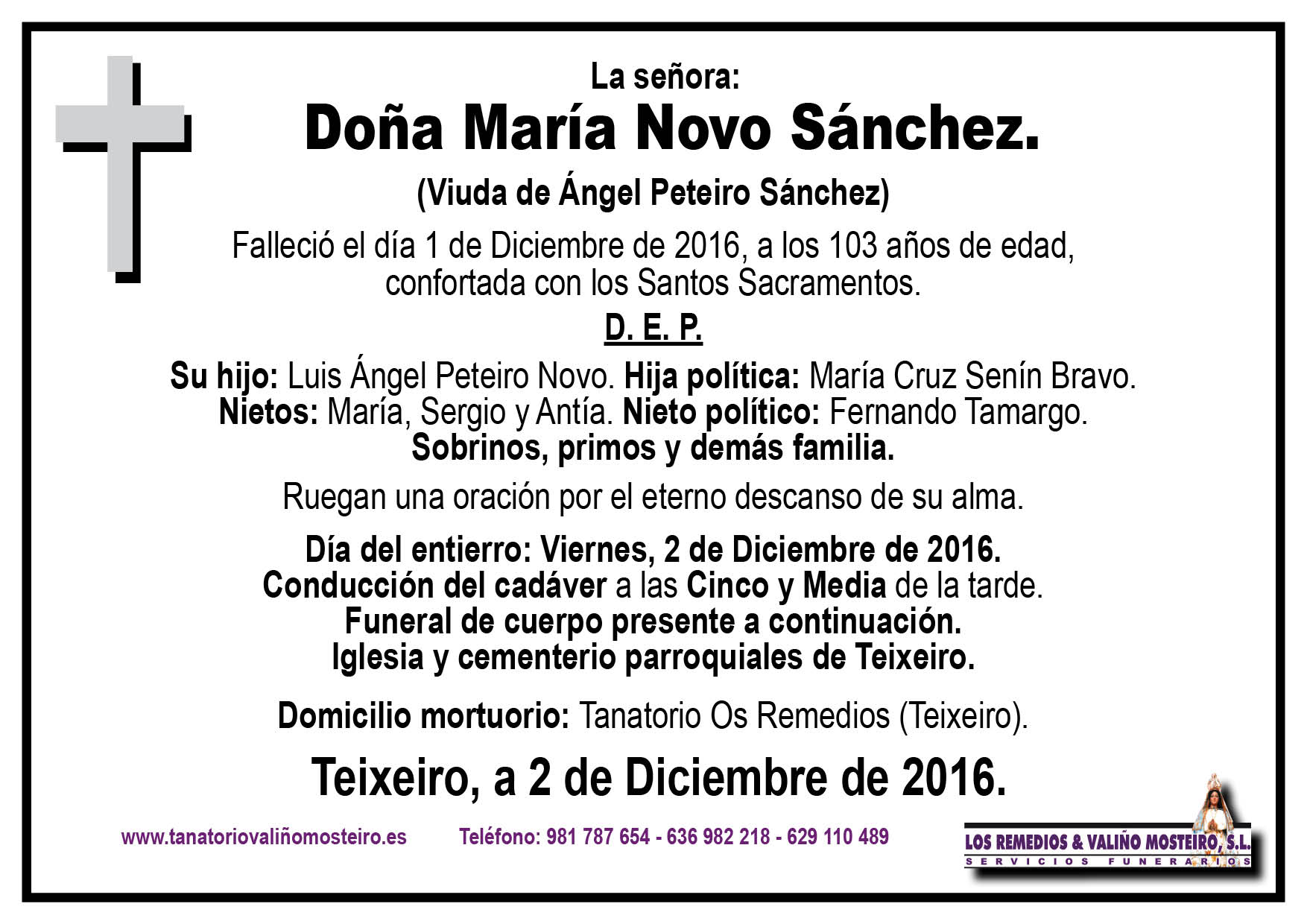 Esquela de María Novo Sánchez.