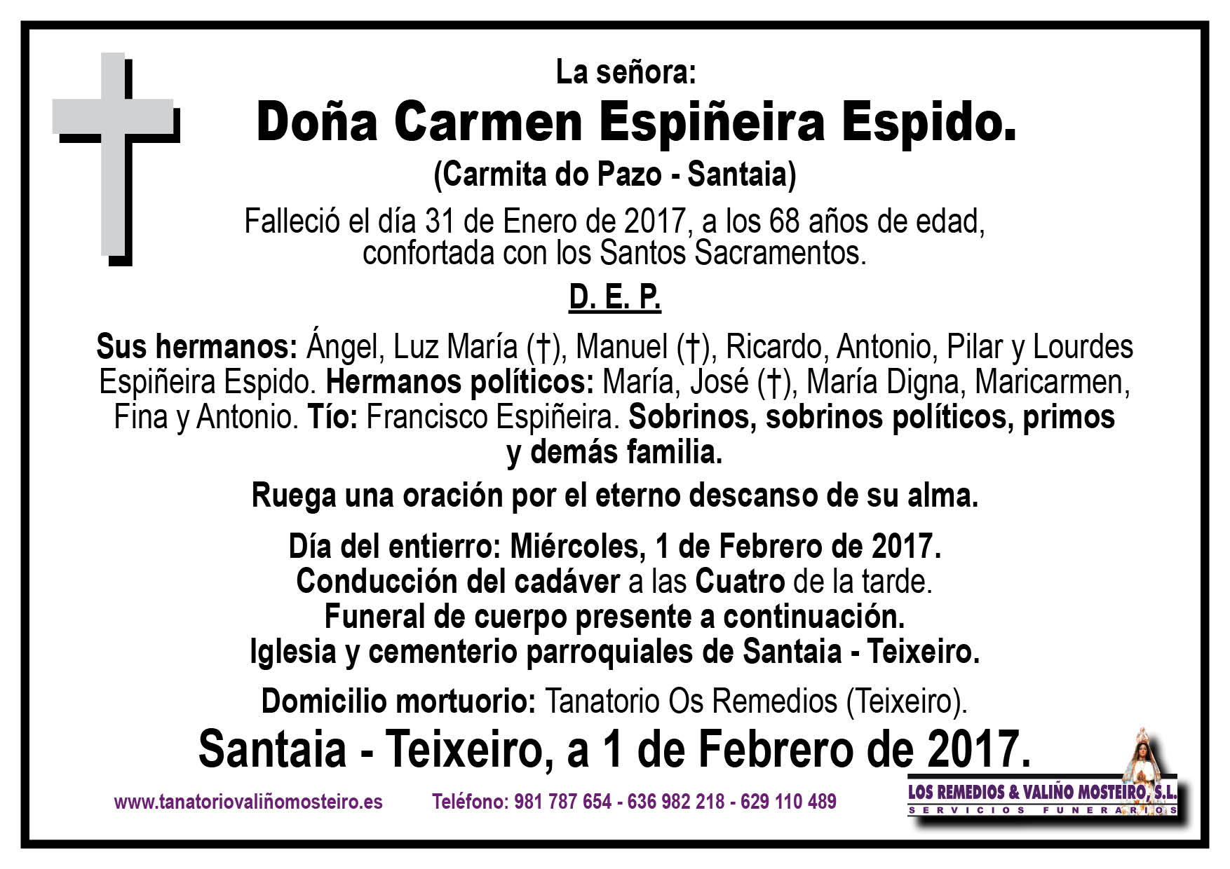 Esquela de Carmen Espiñeira Espido.