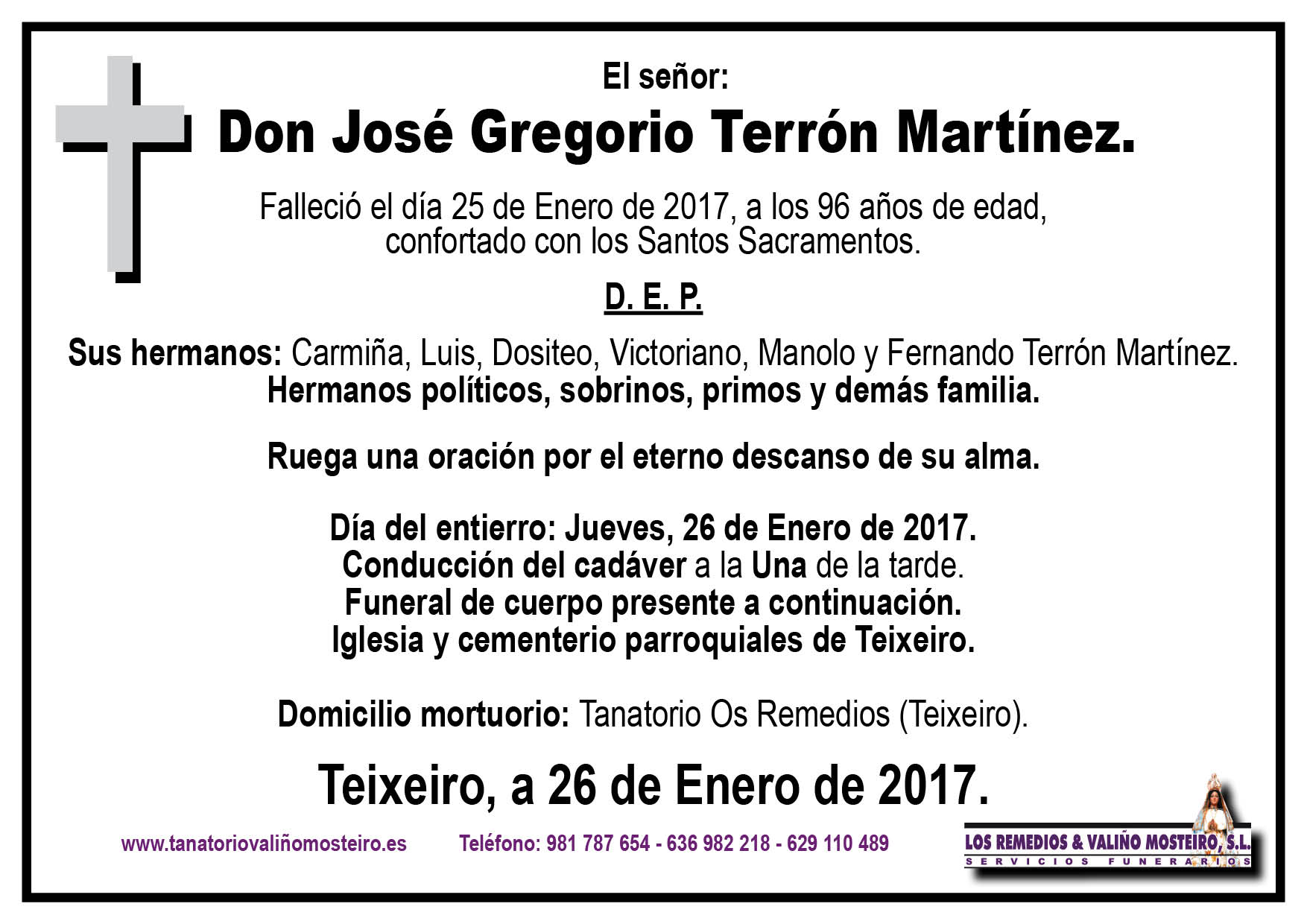 Esquela de José Gregorio Terrón Martínez.