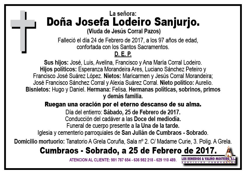 Esquela de Josefa Lodeiro Sanjurjo.