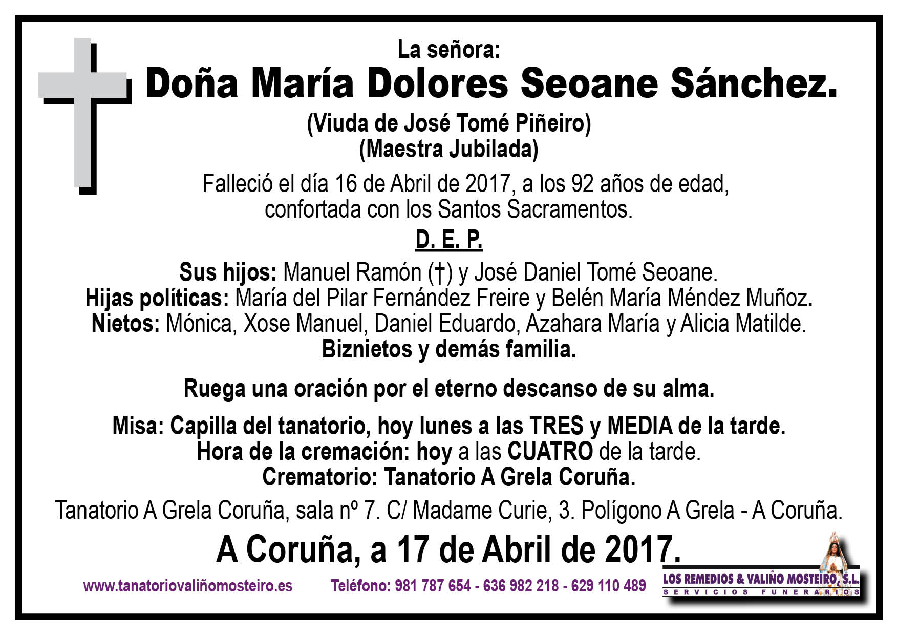 Esquela de María Dolores Seoane Sánchez.