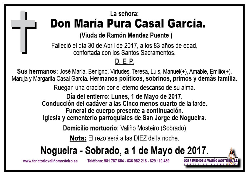 Esquela de María Pura Casal García.