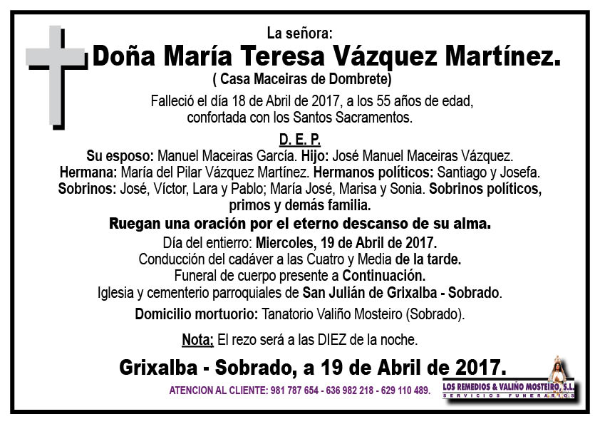 Esquela de María Teresa Vázquez Martínez.