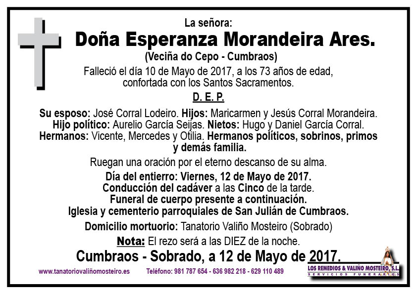 Esquela de Esperanza Morandeira Ares.