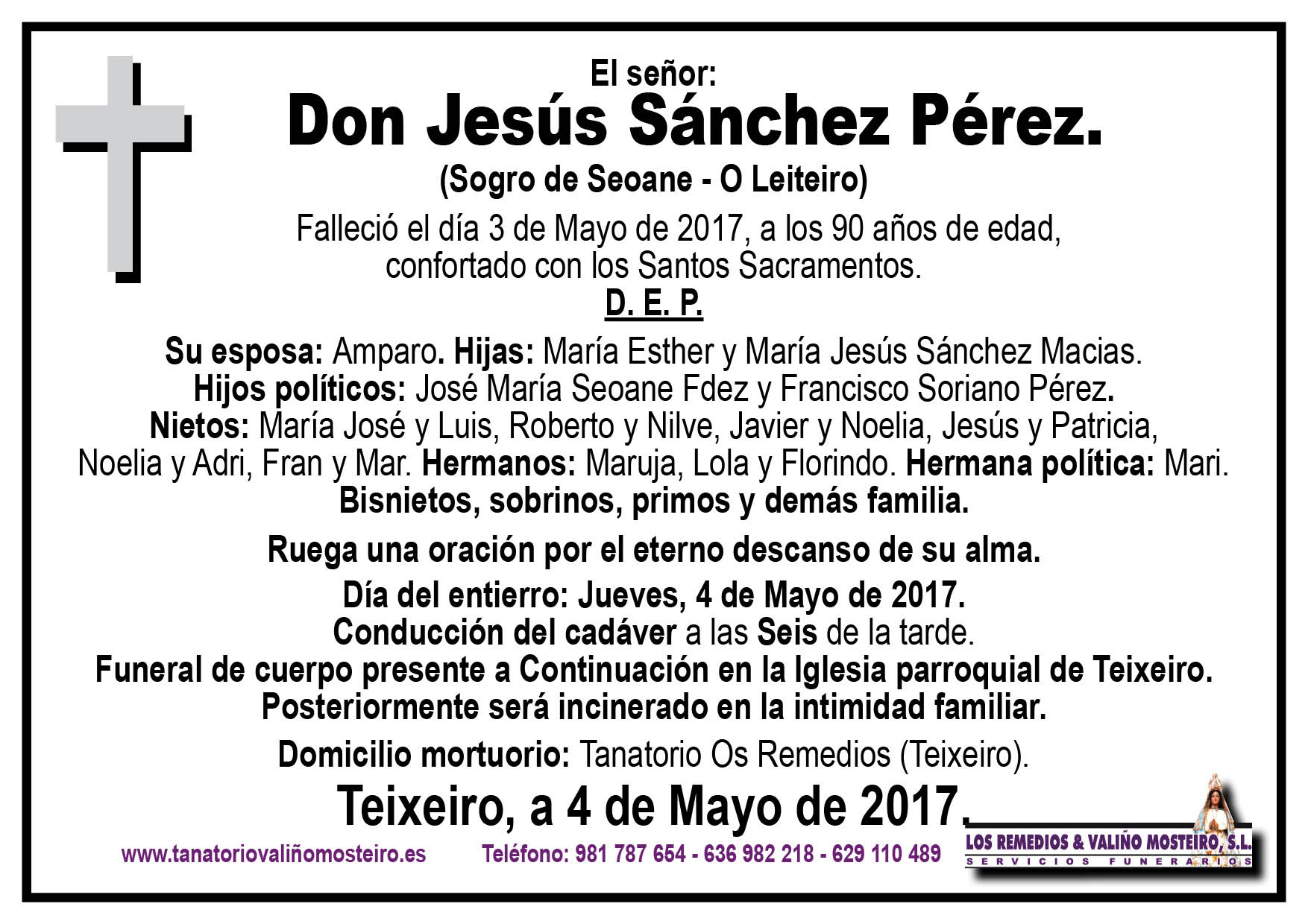 Esquela de Jesús Sánchez Pérez.