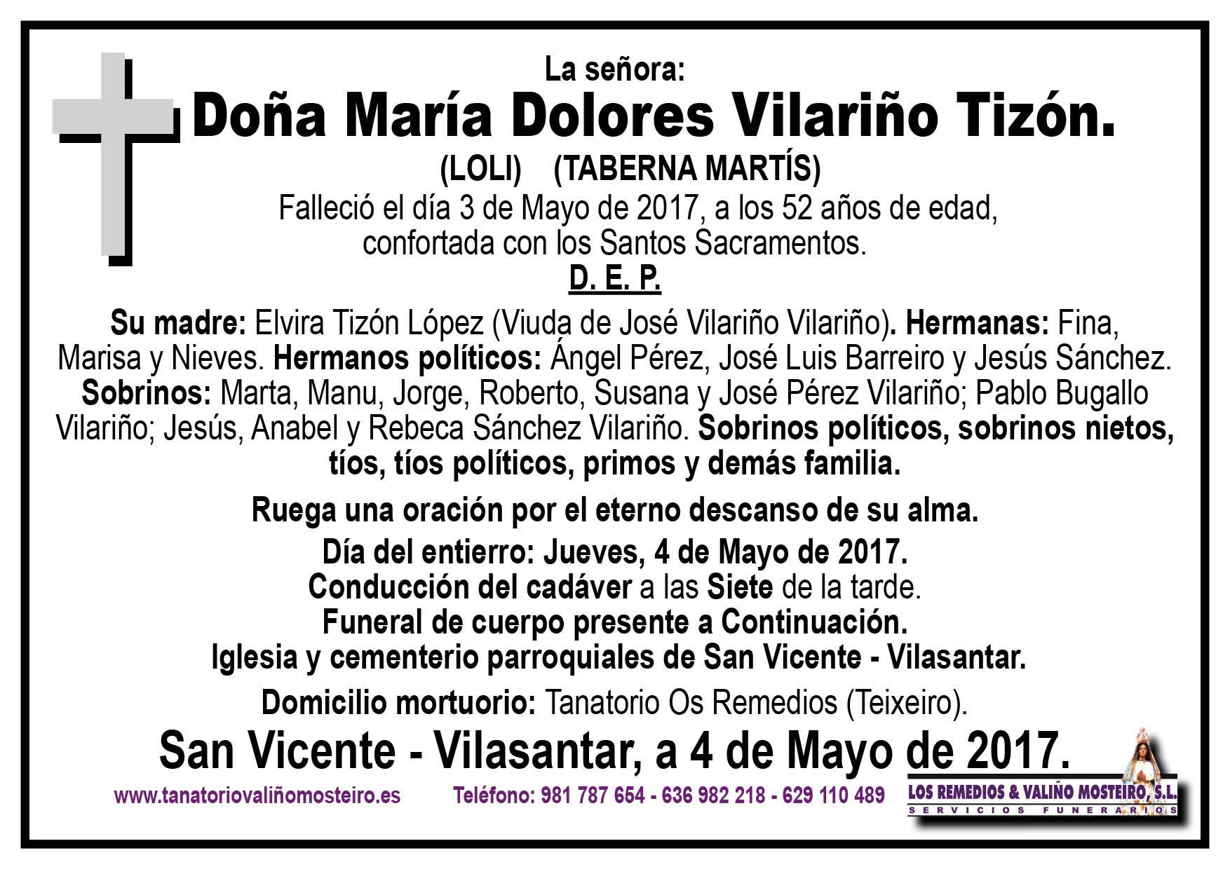 Esquela de María Dolores Vilariño Tizón.