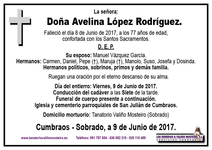 Esquela de Avelina López Rodríguez.