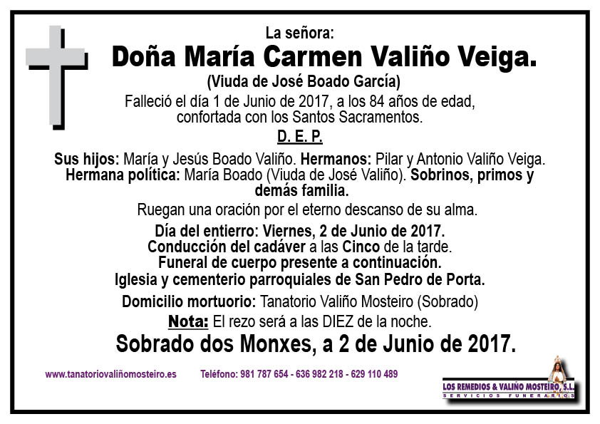 Esquela de María Carmen Valiño Veiga.