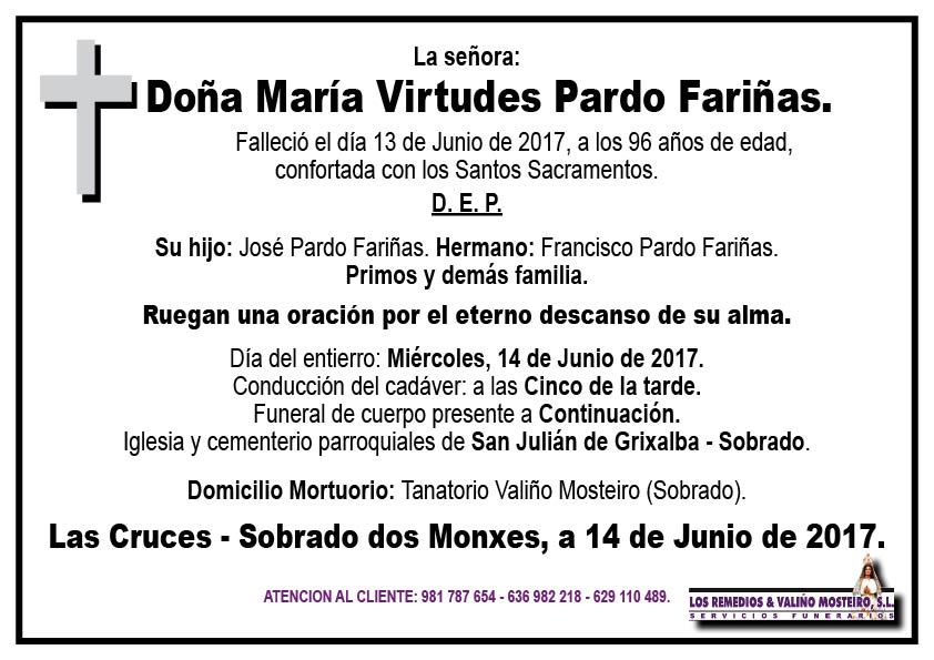 Esquela de María Virtudes Pardo Fariñas.