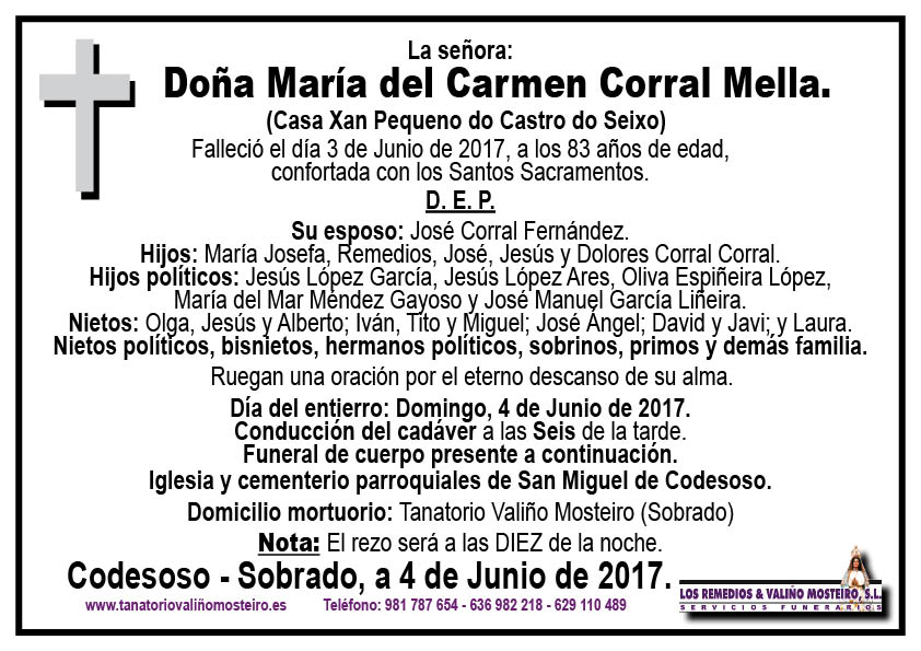 Esquela de María del Carmen Corral Mella.