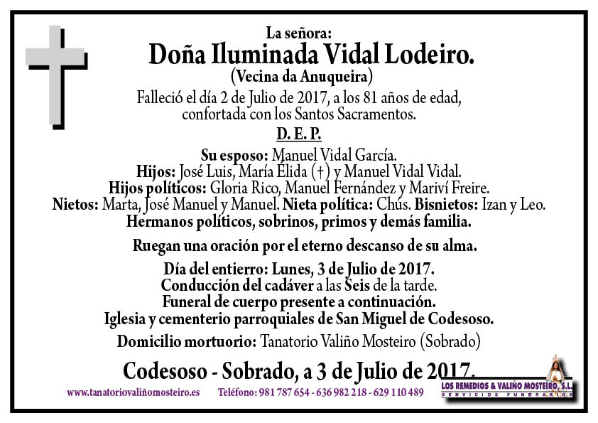 Esquela de Iluminada Vidal Lodeiro.