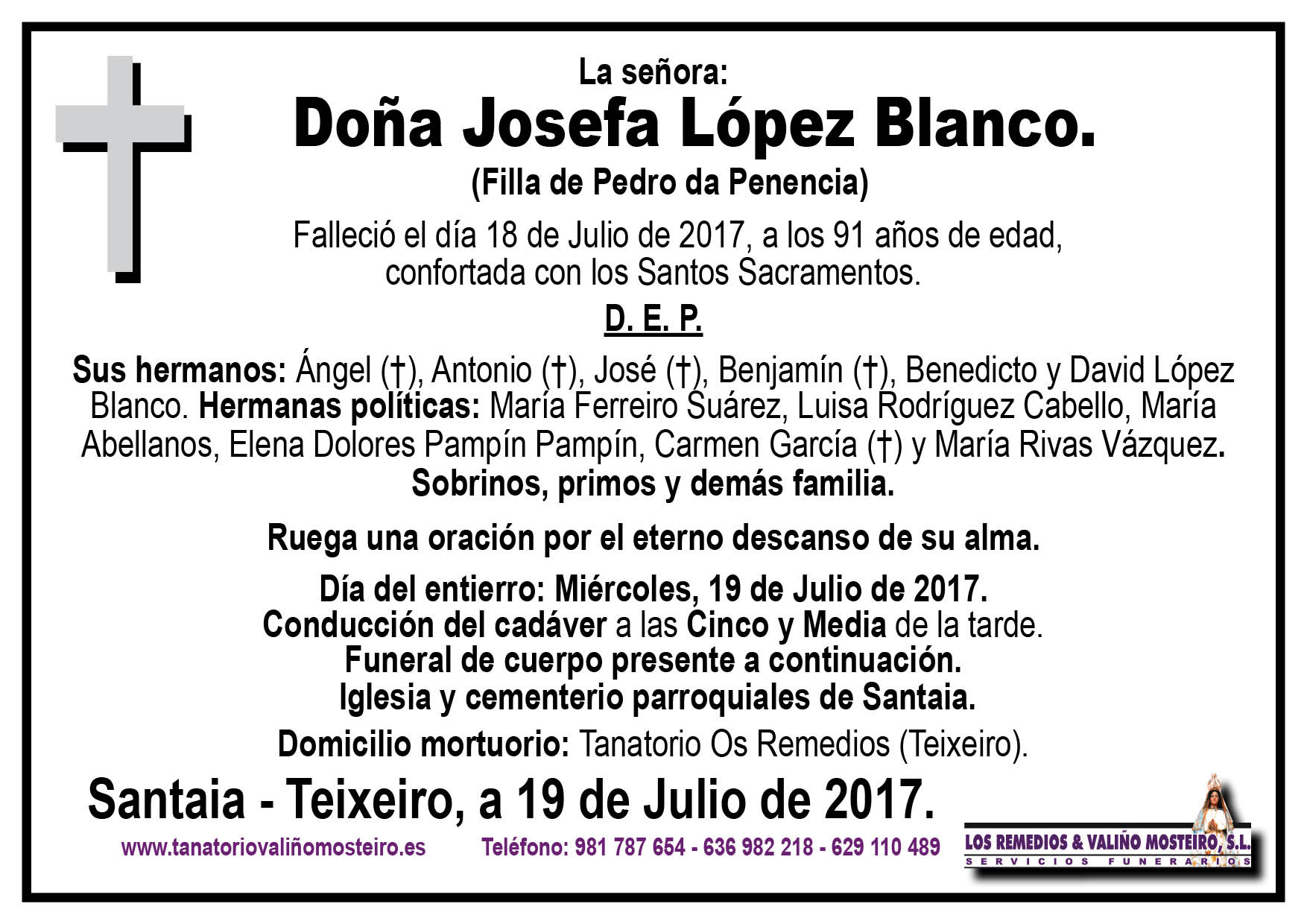 Esquela de Josefa López Blanco.