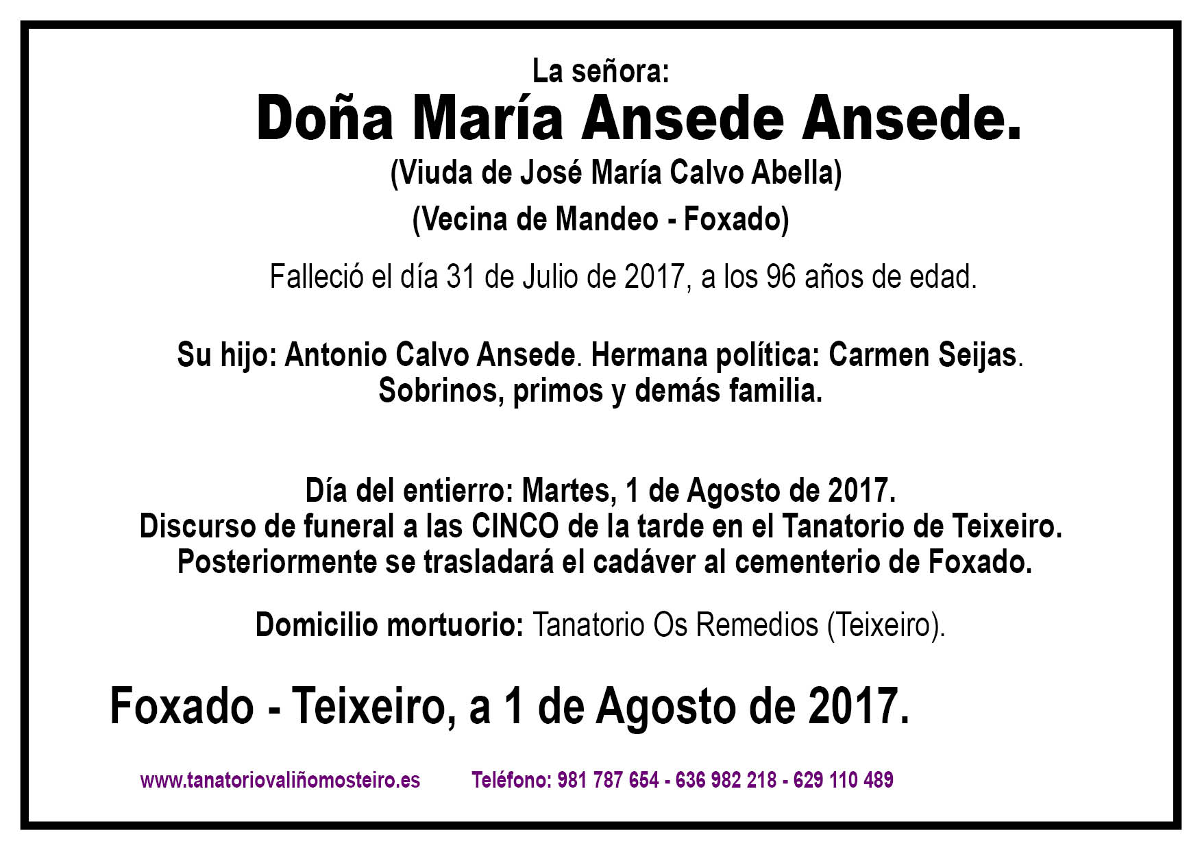 Esquela de María Ansede Ansede.