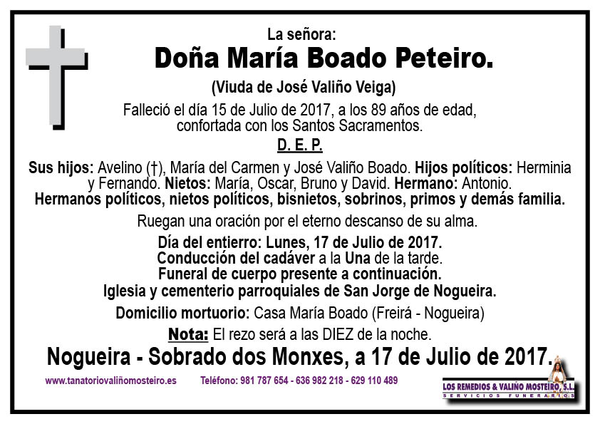 Esquela de María Boado Peteiro.