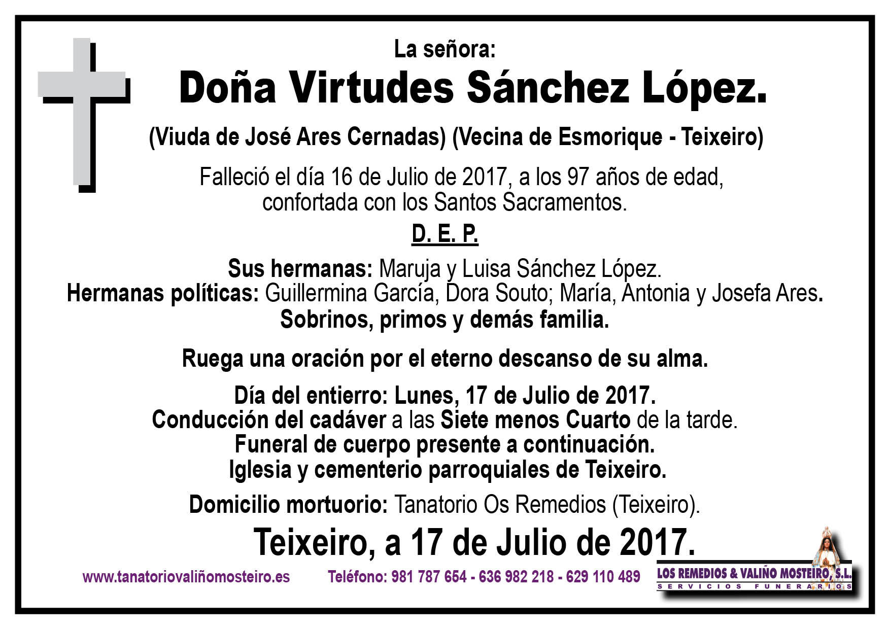 Esquela de Virtudes Sánchez López.