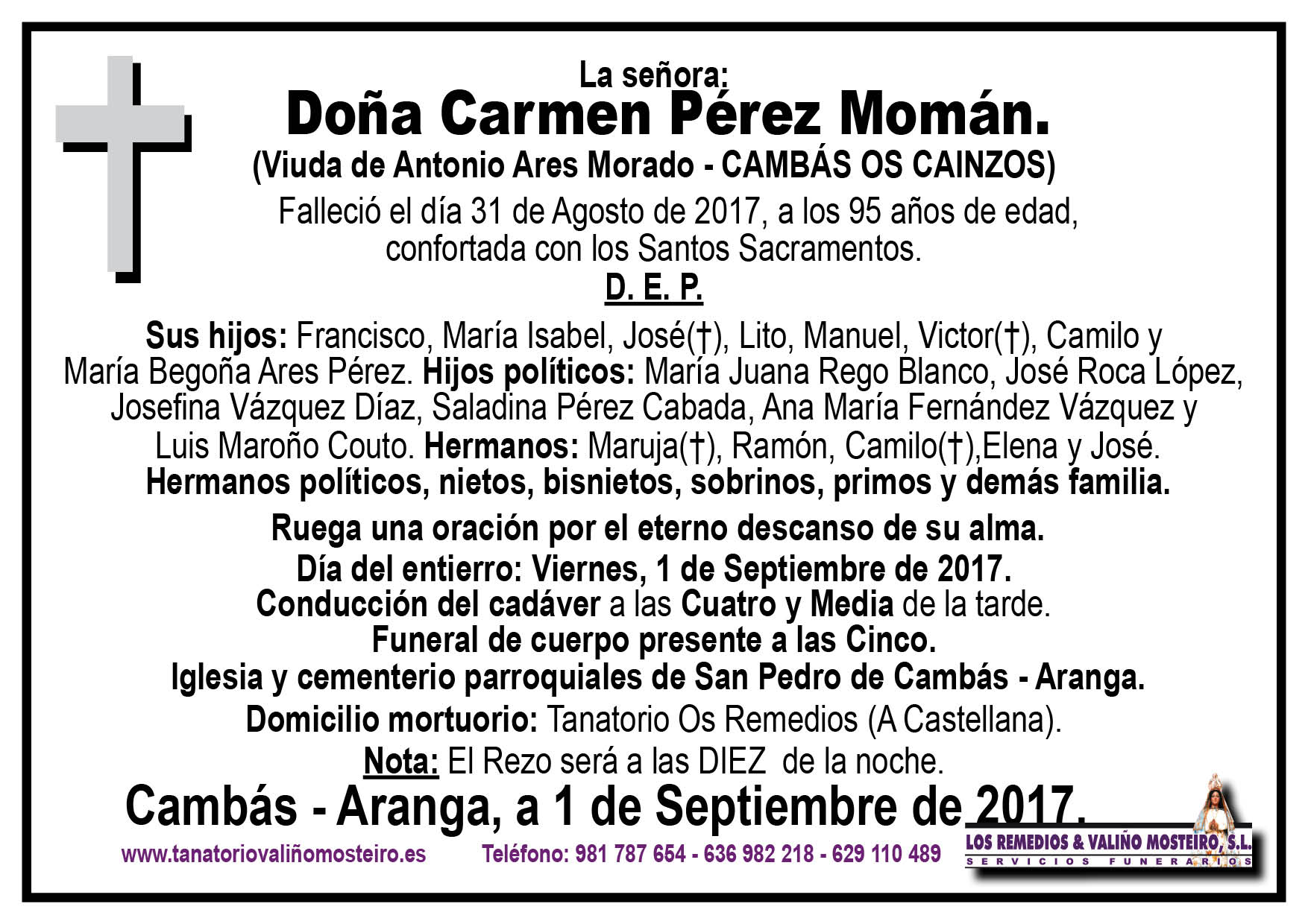 Esquela de Carmen Pérez Momán.