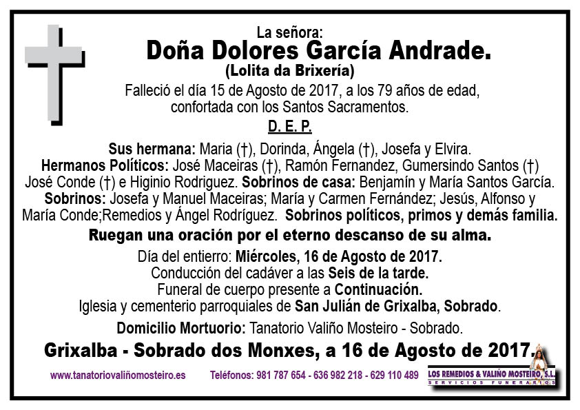 Esquela de Dolores García Andrade.