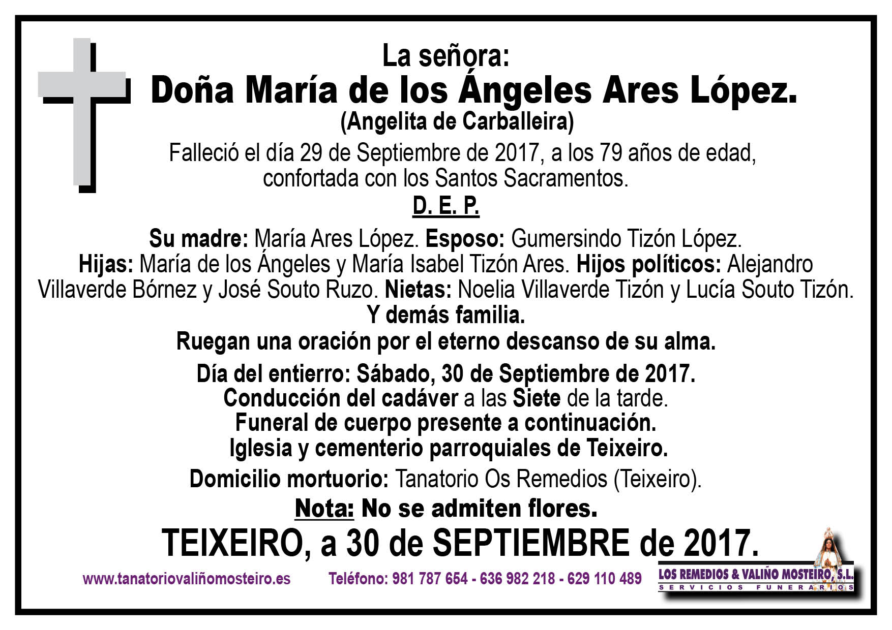 Esquela de María de los Ángeles Ares López.