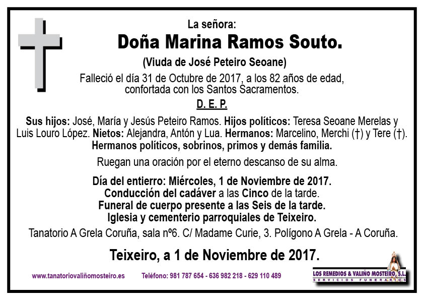 Esquela de Marina Ramos Souto.