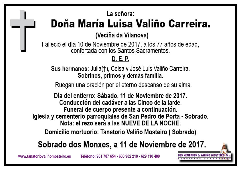 Esquela de María Luisa Valiño Carreira.