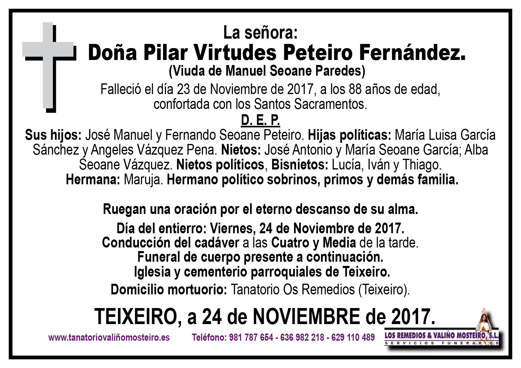 Esquela de Pilar Virtudes Peteiro Fernández.