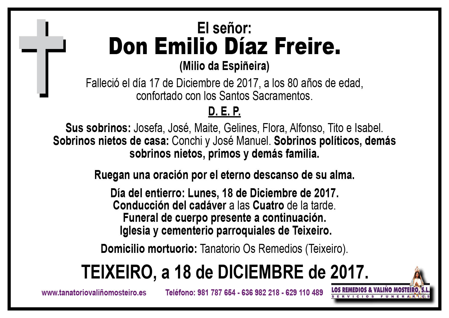 Esquela de Emilio Díaz Freire.