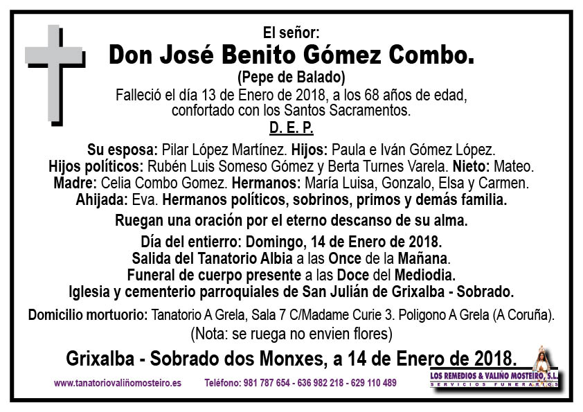 Esquela de José Benito Gómez Combo.